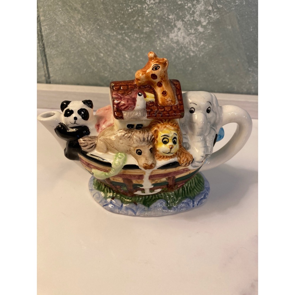 Vintage Noahs Ark Mini Teapot Ceramic Hand Painted Animal Nursery Decor 5 Inch